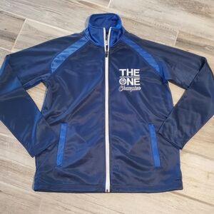 THE ONE Champion Cheerleading Jacket Zip Up Adult Small Blue Silver Pockets